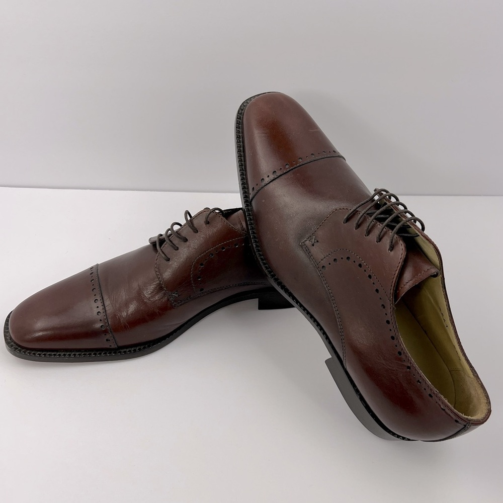 BARNEYS NEW YORK, OXFORD MENS CAP TOE BROWN ALL LEATHER SHOES, SIZE USA 8.5
